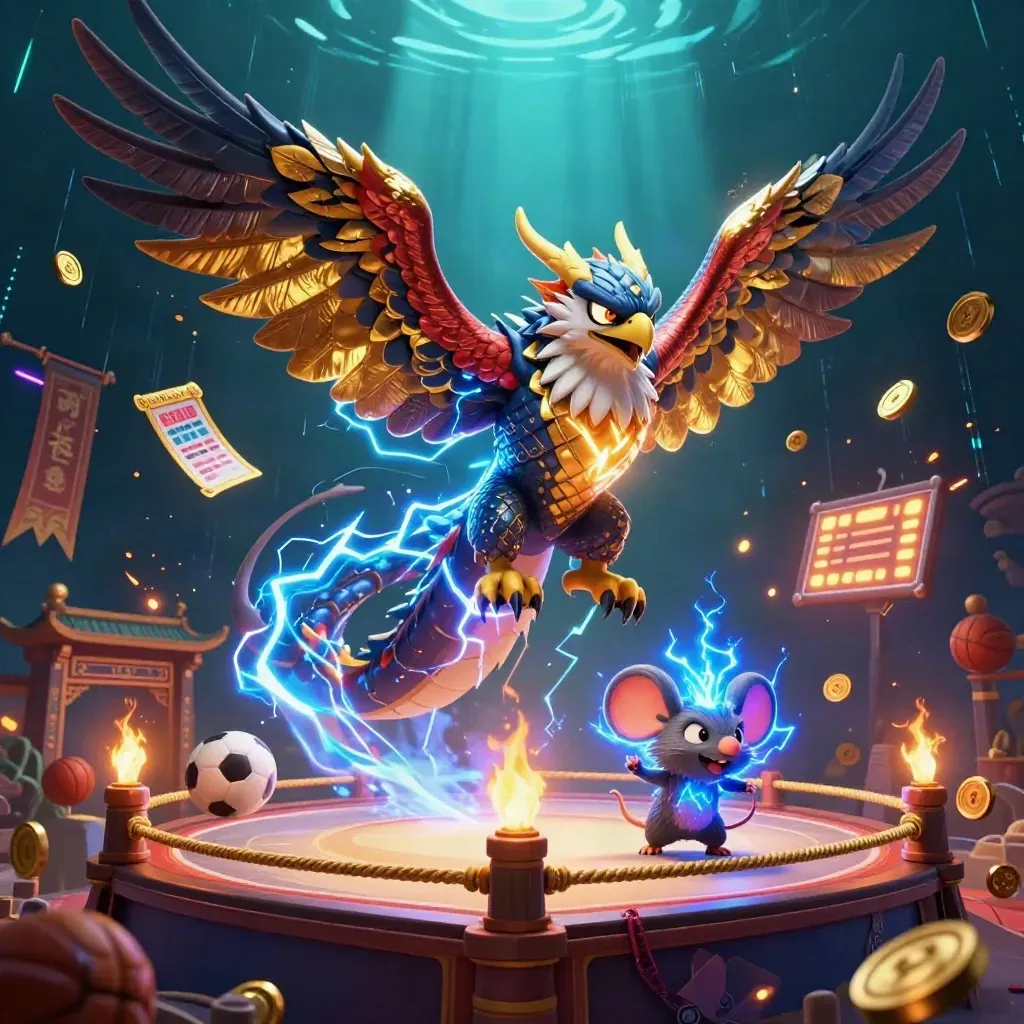 Thunder dragon, wind hawk, and static mouse amid temple gate, gold coins, lightning, and casino neon.