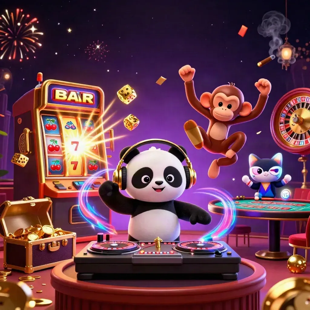 DJ panda, monkey, and glow kitten amid casino magic, jackpots, dice, and fireworks