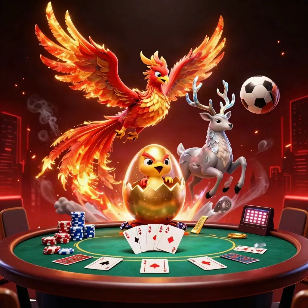 Phoenix, stag, and casino props exploding with sports balls on a dark neon backdrop.