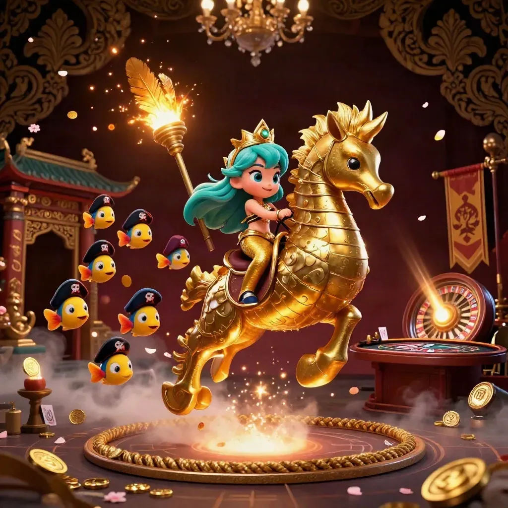 Mermaid princess on a gold seahorse amid casino relics, cards, smoke, and glowing temple lights.