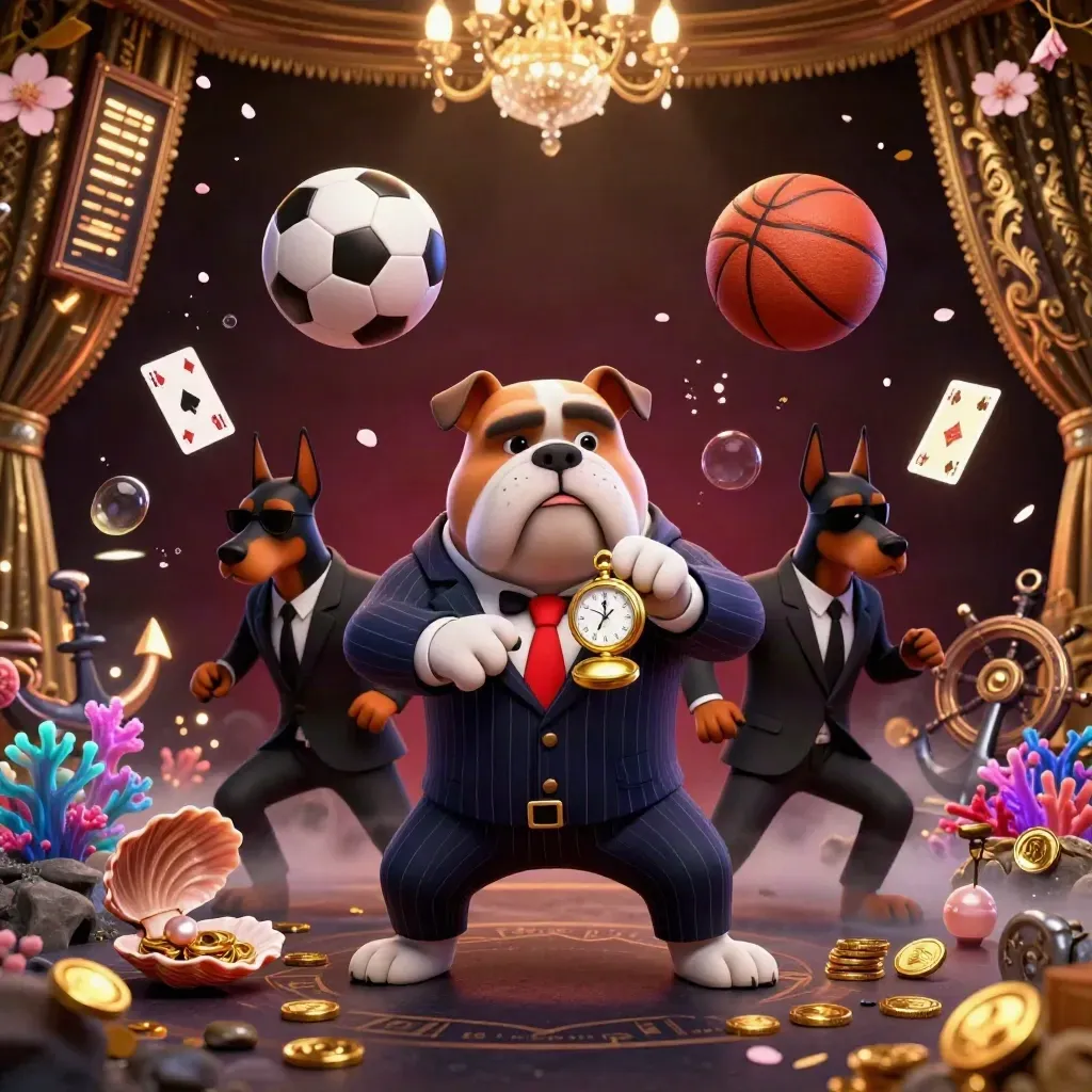 Bulldog mob boss and two Dobermans amid coins, coral, balls, and casino glow.