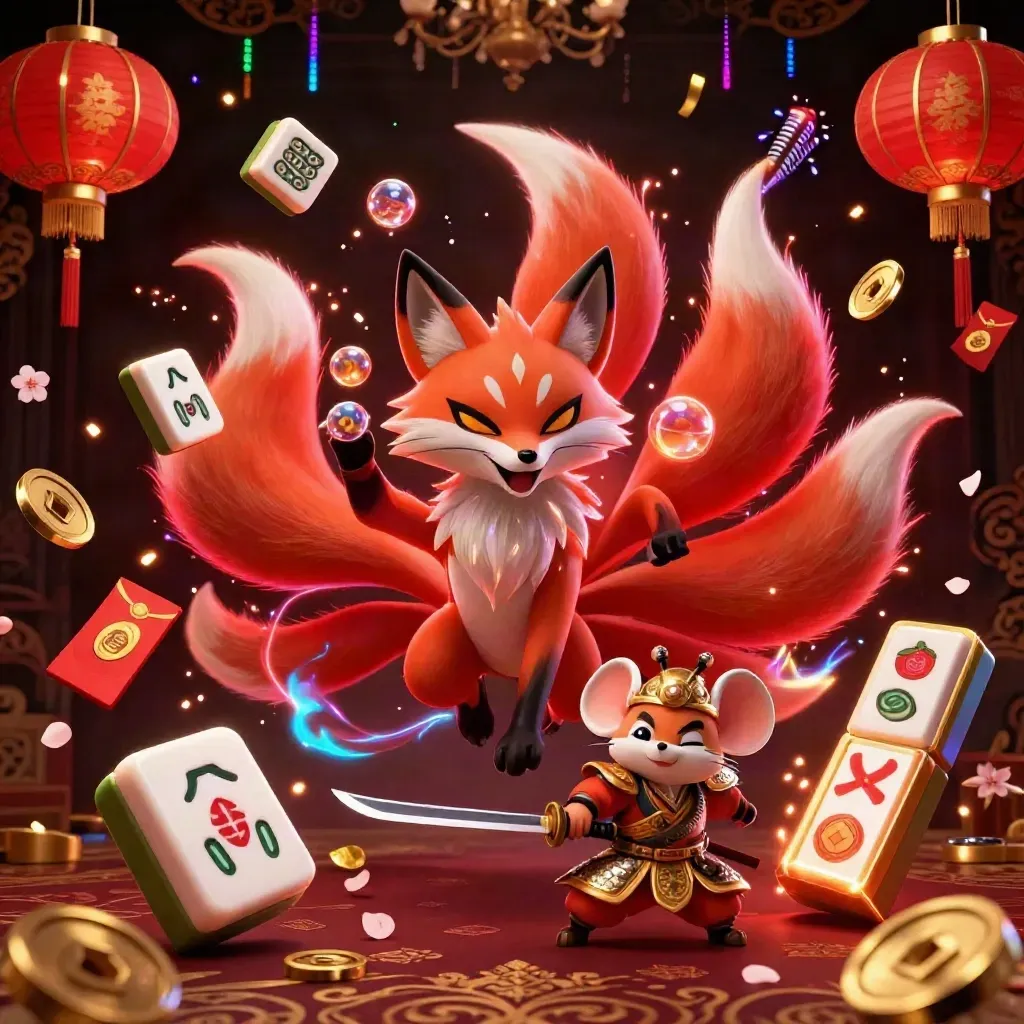 Neon fox spirit and samurai mouse amid dice-game loot bursts in a luxe casino scene.