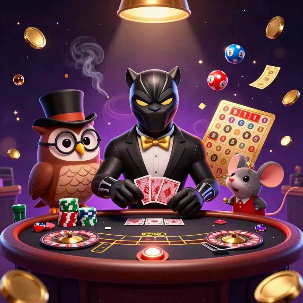 Panther, owl and mouse casino heroes amid glowing chips, wheel, cards and neon casino lights.