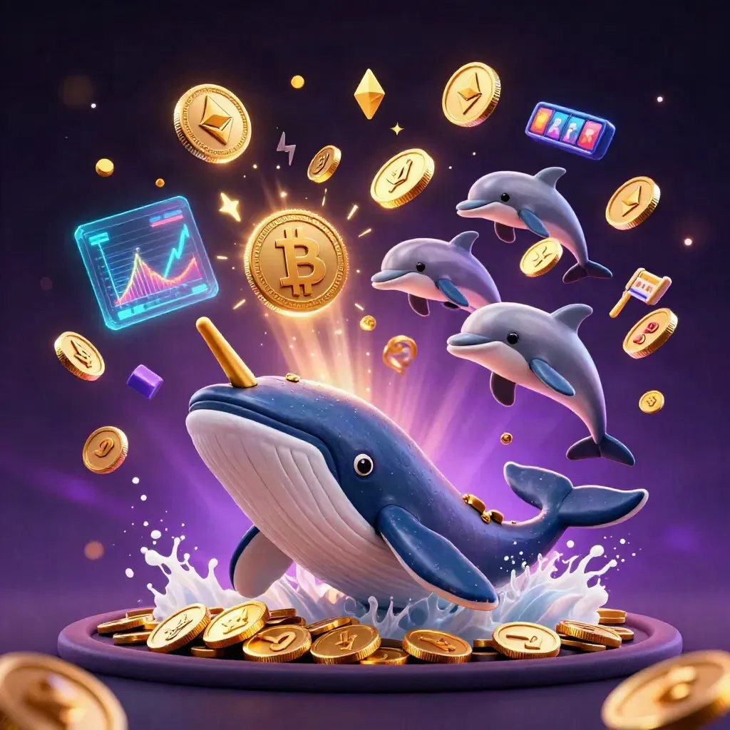 Whale captain, narwhal, and dolphins burst through coins with neon crypto and casino effects.