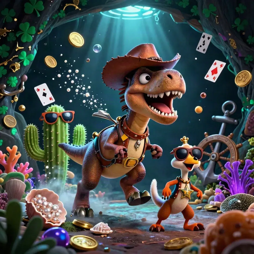 Cowboy T-Rex, cactus sidekick, and sheriff roadrunner burst through an underwater treasure cove.