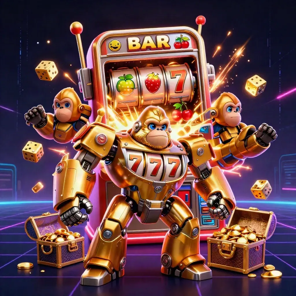 Golden gorilla mech and monkey pilot erupt from a slot machine amid dice, gold, and neon sparks