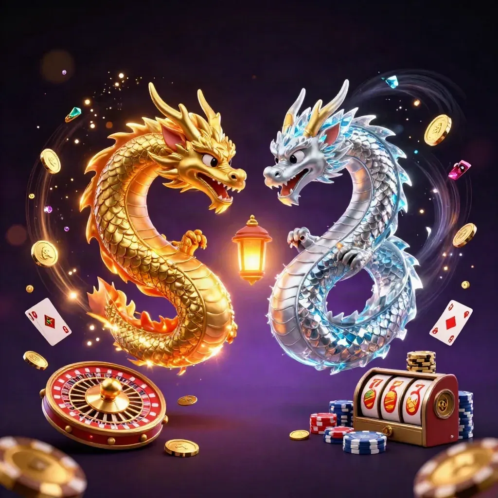 Gold and silver dragons in a yin-yang flight with coins, gems, chips, cards, and casino magic.