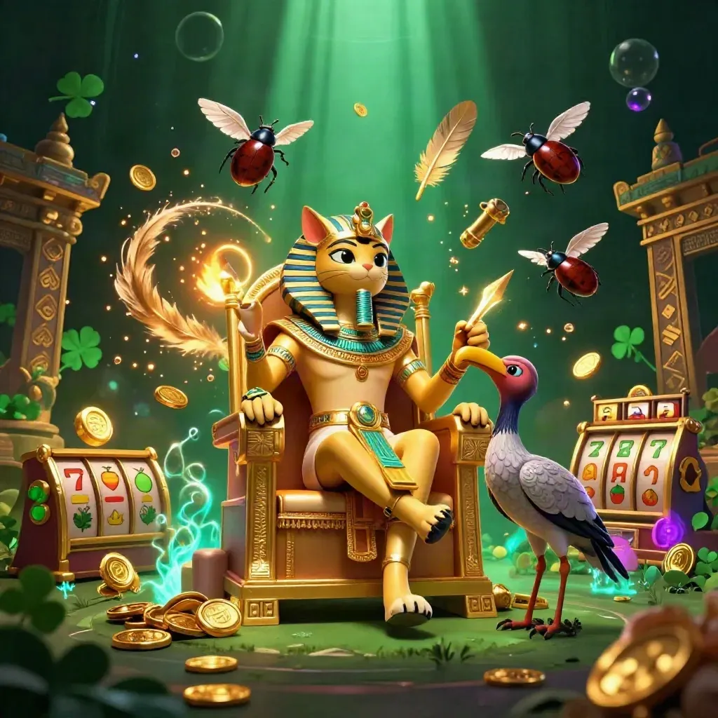 Pharaoh cat, ibis scribe, and gem-winged scarabs amid casino treasure and neon glow