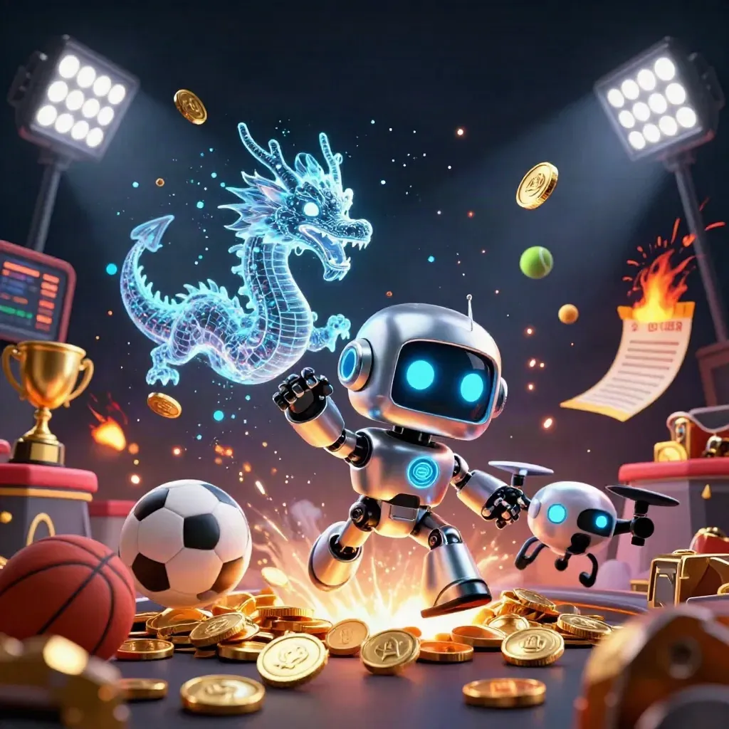 Robot mascot, holographic dragon, and coin drone burst from a vault with flying coins and sports balls.