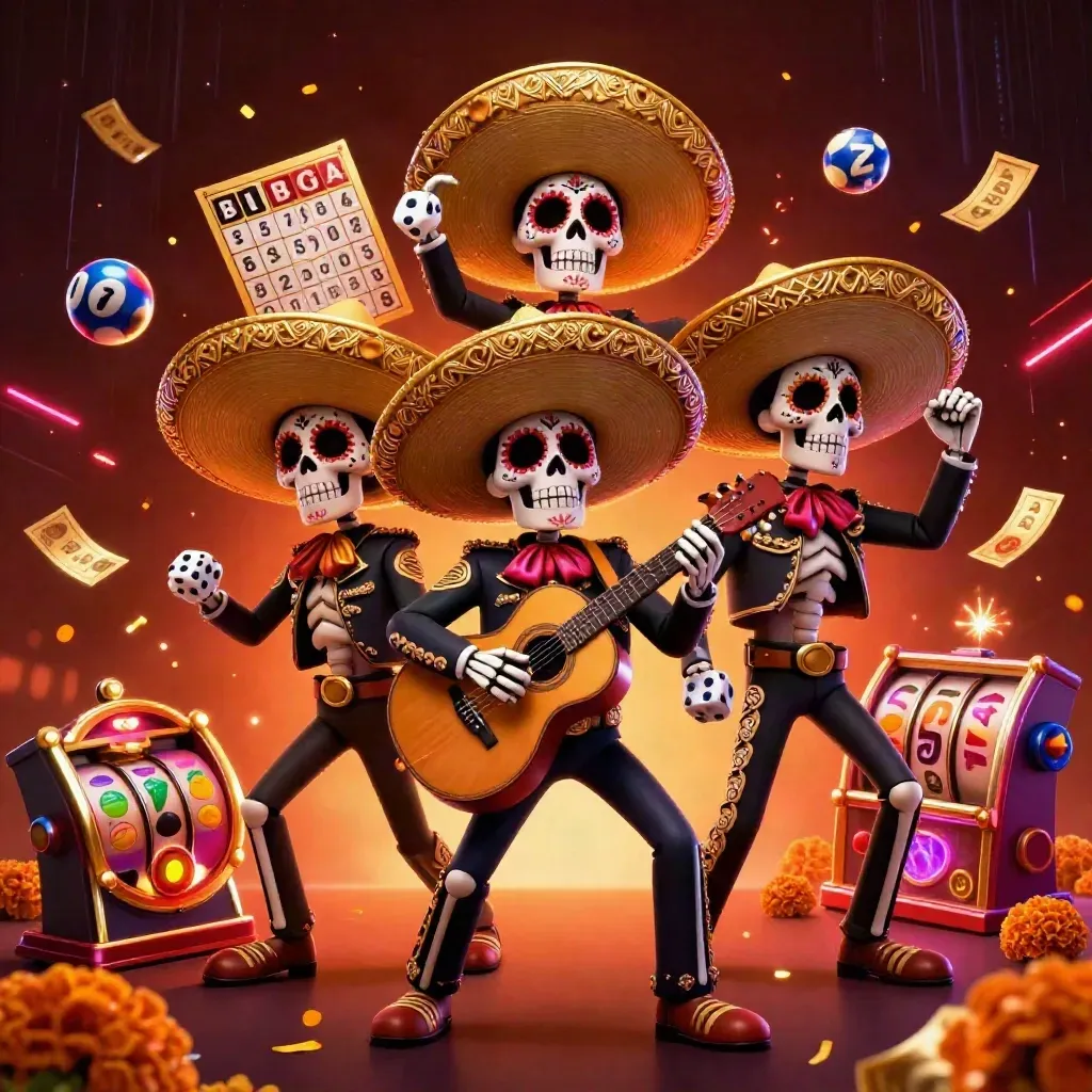 Skeleton mariachi trio with casino dice effects, marigolds, gold sombreros, and neon energy.