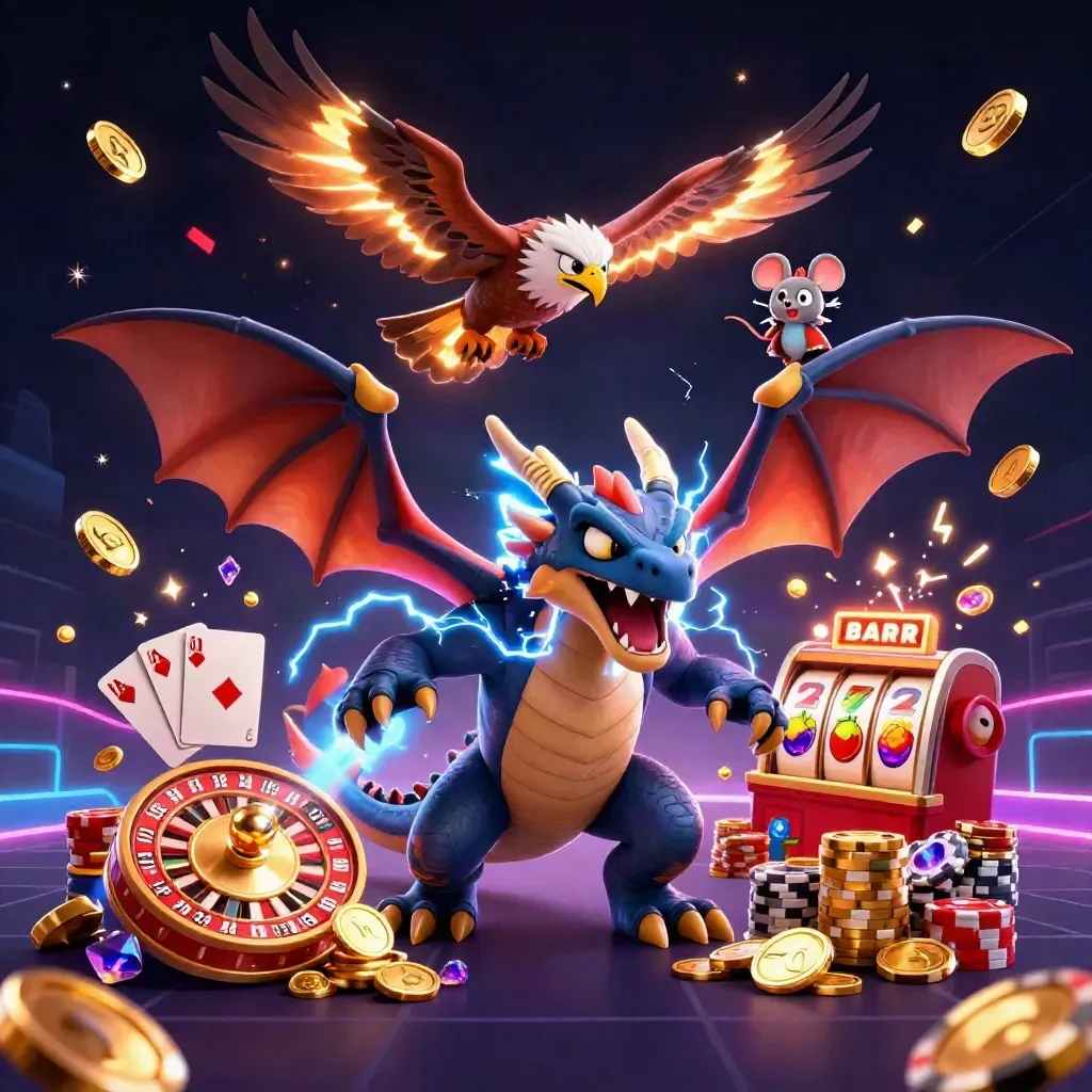 Thunder dragon, hawk and mouse amid casino loot, glowing reels, chips and lightning on a dark neon grid.