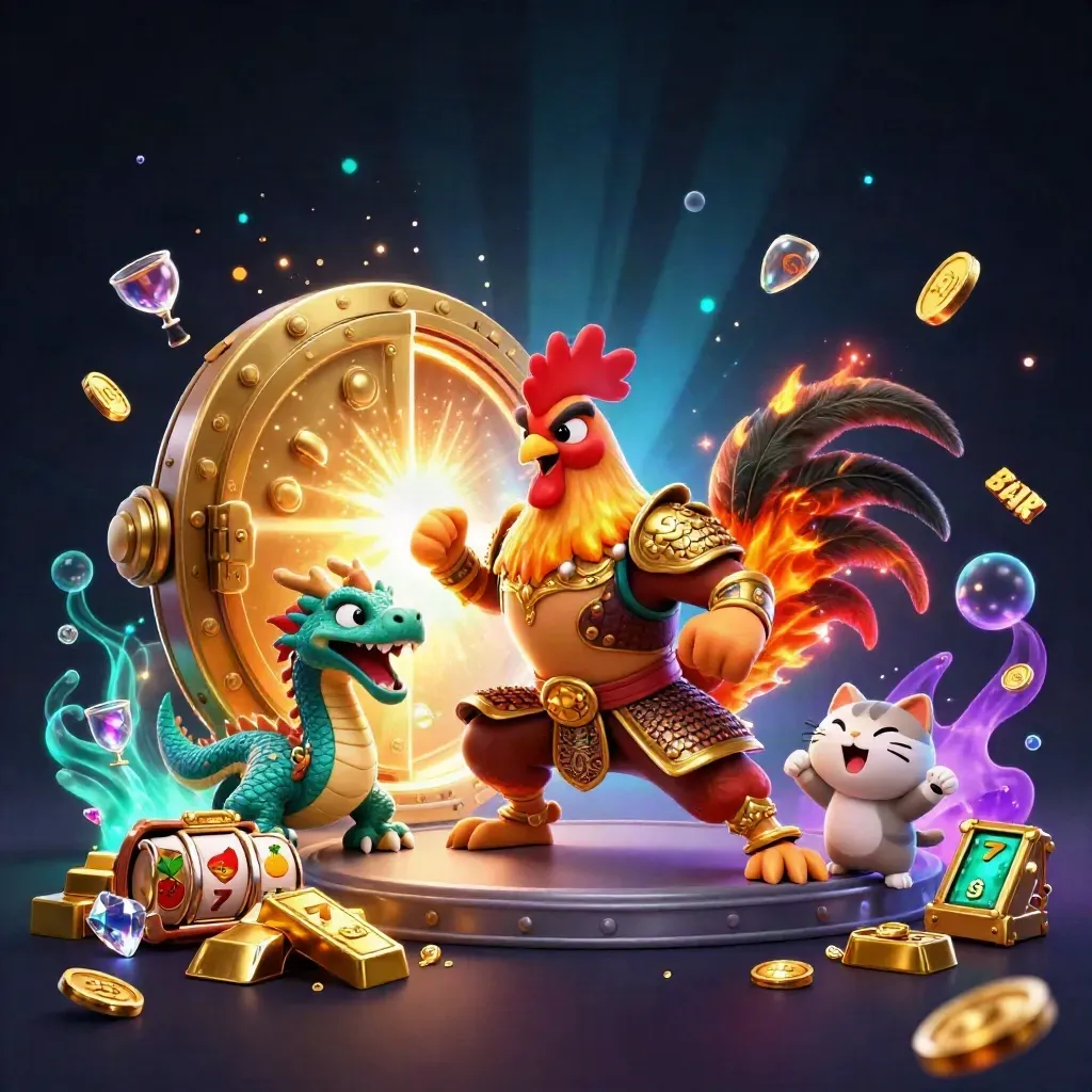 Rooster warrior, dragon hatchling, and fortune-cat burst from a glowing gold vault in neon casino light.