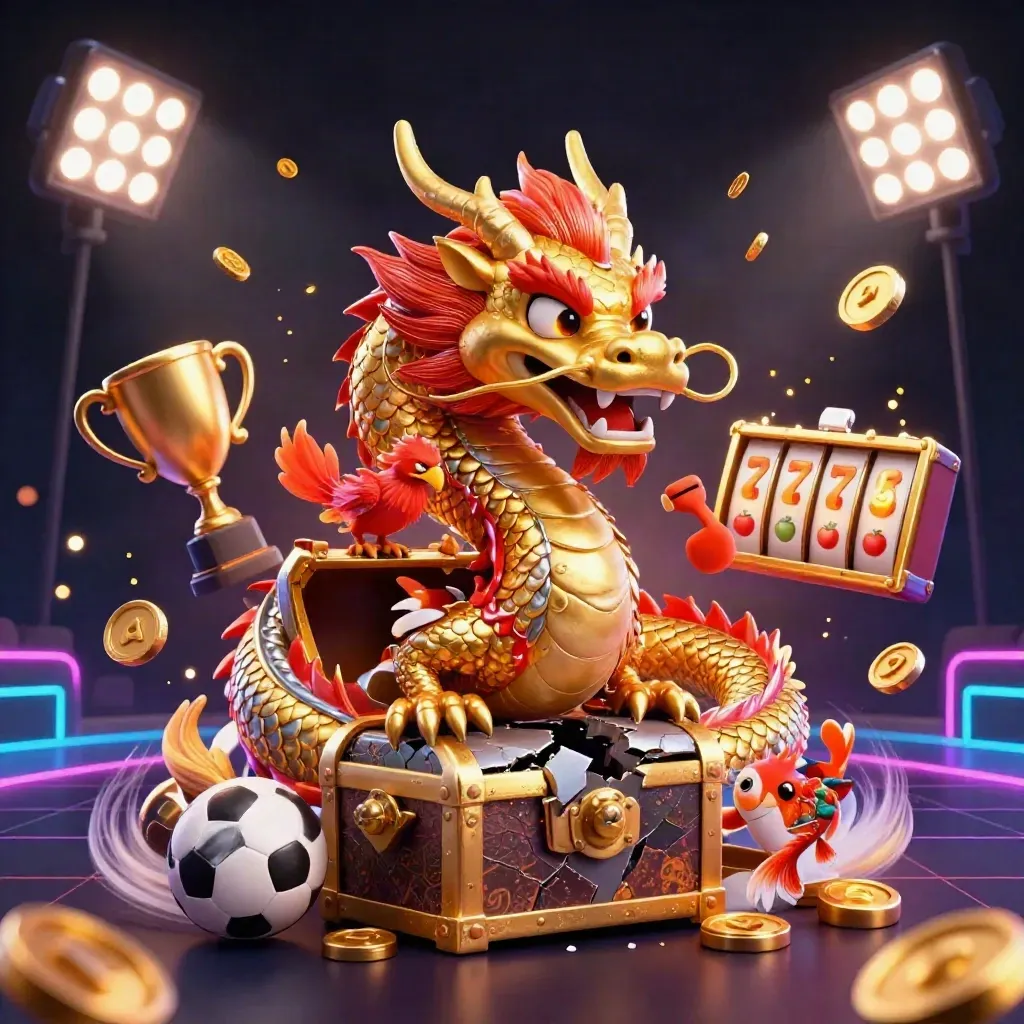 Golden dragon with phoenix, koi and casino symbols bursting around a treasure chest