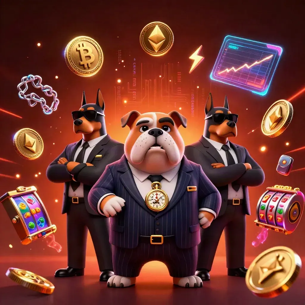 Bulldog mob boss with two Dobermans amid casino coins, lightning, and ember glow