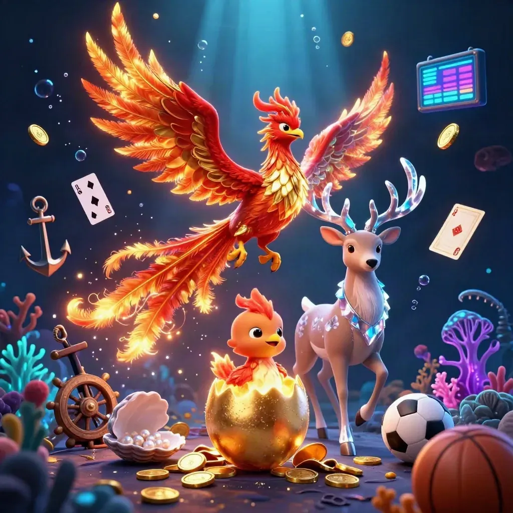 Phoenix, baby phoenix and crystal stag in a glowing casino treasure cove with coins and coral.
