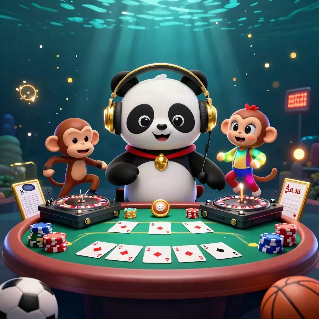 DJ panda, breakdancing monkey, and glow-stick kitten amid casino chips and neon dice glamour