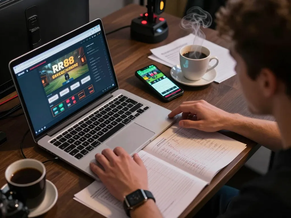 Engaged online casino gaming scene showcasing RR88 gaming interface and betting notes
