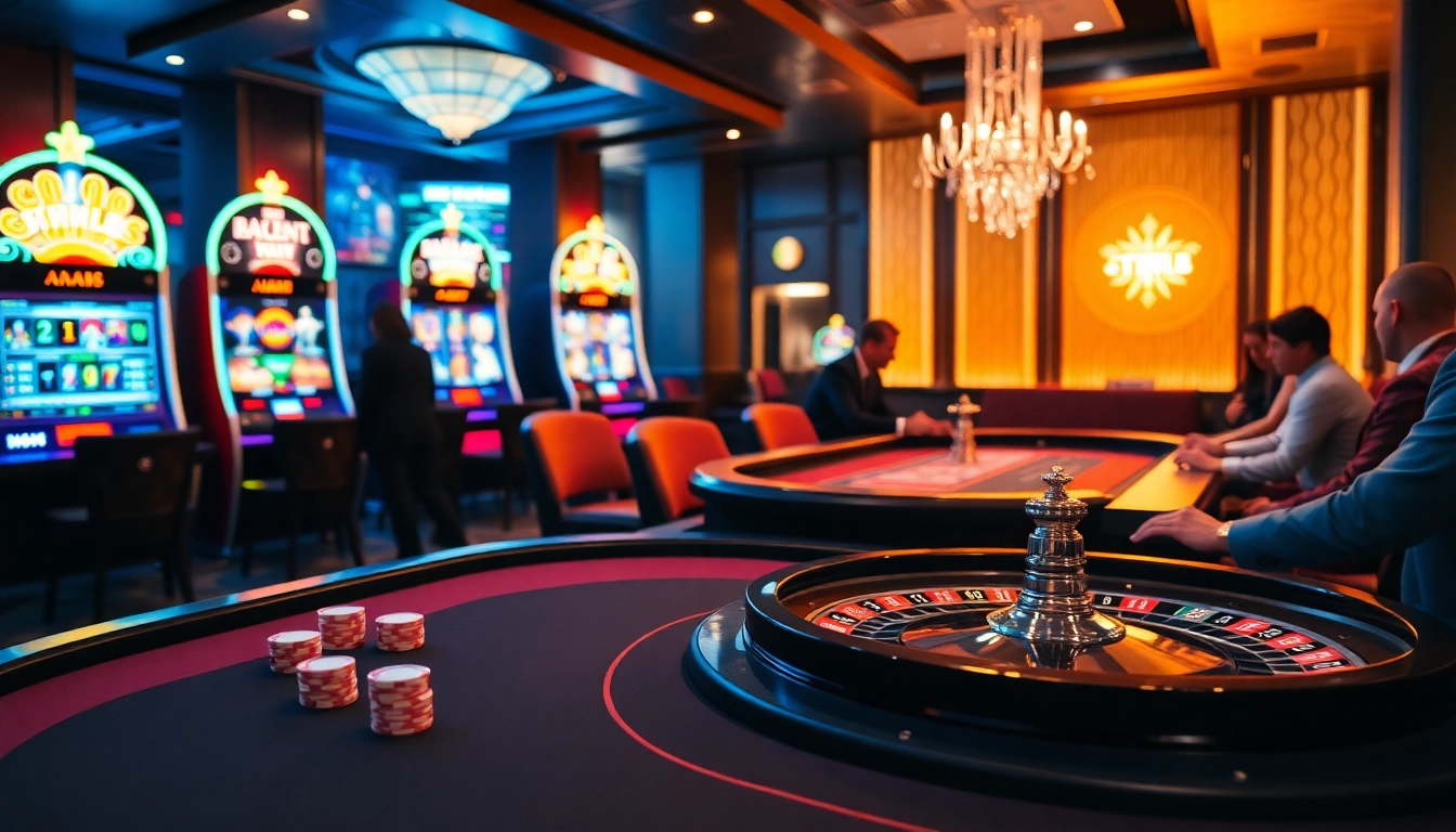 Experience the excitement of gambling at ทางเข้า mk8 with a luxurious casino scene featuring poker and roulette tables.