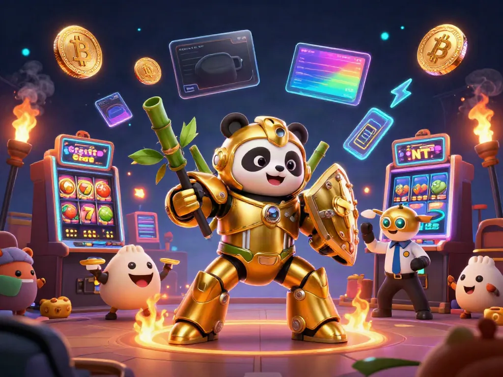 Engage with vibrant credit card slots action in a lively casino scene featuring a golden panda robot.