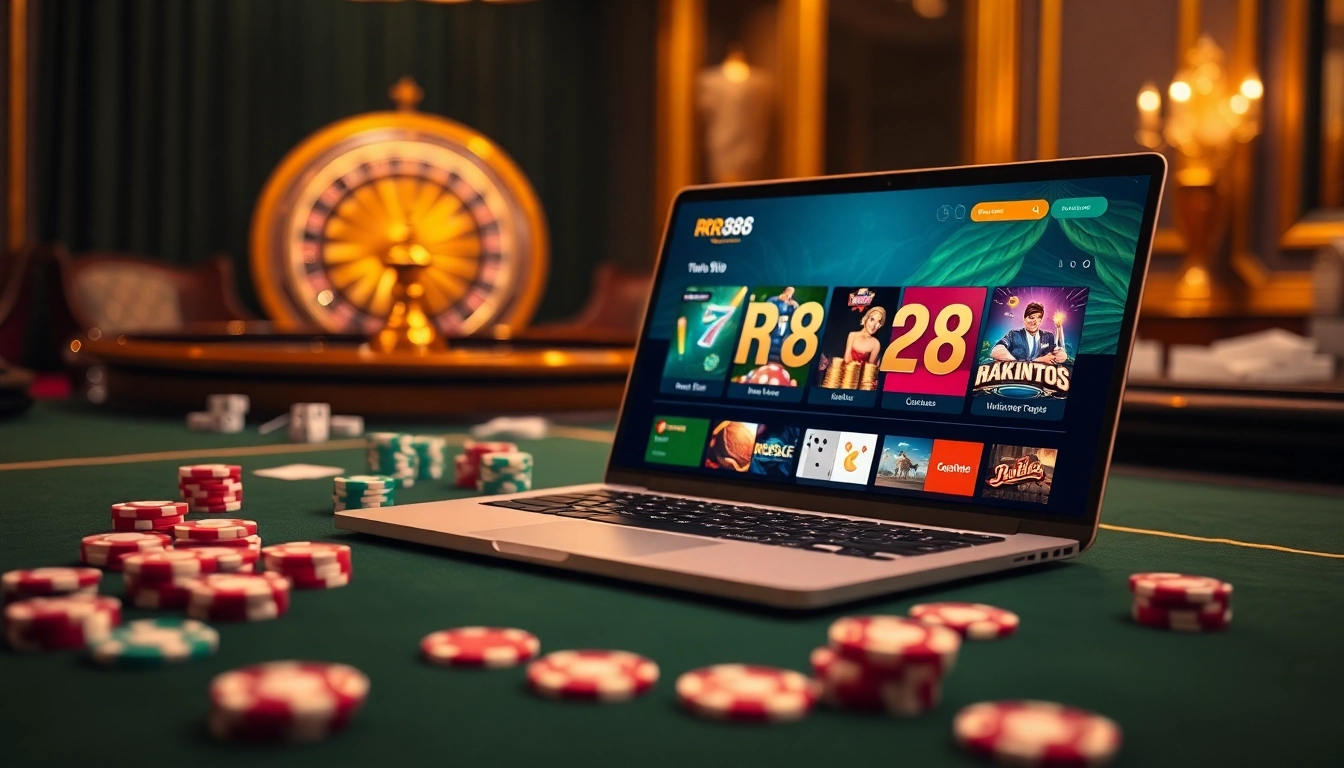 RR88 đăng nhập on a laptop in a luxurious casino setting with vibrant poker elements.