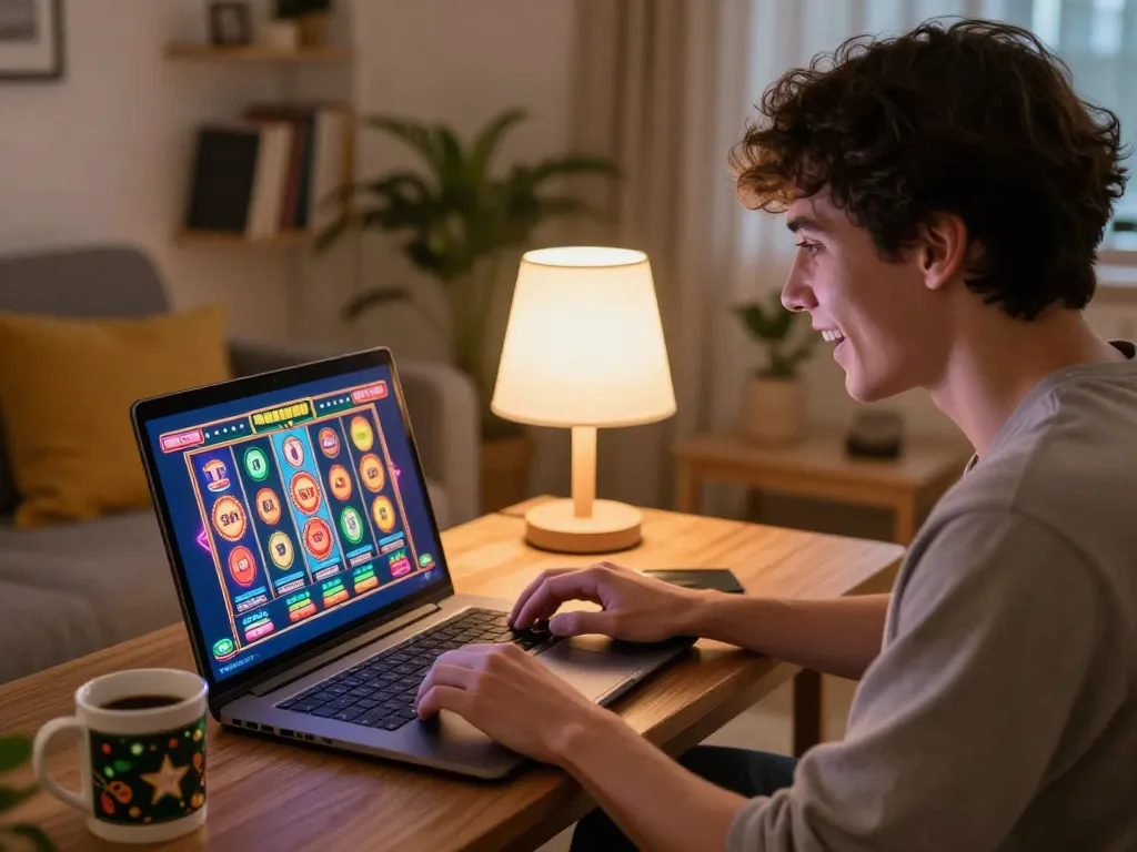 Player engaging with barbanoglass slot machines on laptop in cozy living room, showcasing online gaming excitement.