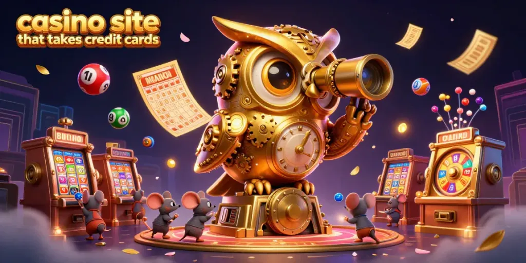 Engaging illustration of a casino site that takes credit cards with a golden owl and whimsical mice among vibrant gaming elements.