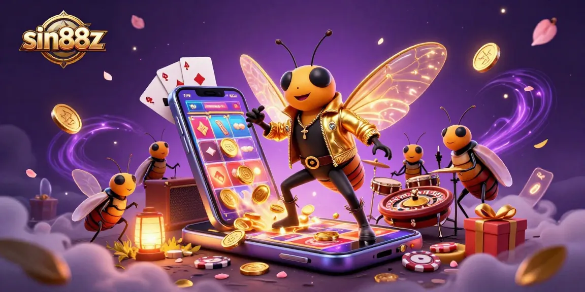 Experience the excitement of sin88z with a vibrant illustration showcasing a rock star cicada and dazzling slot elements.
