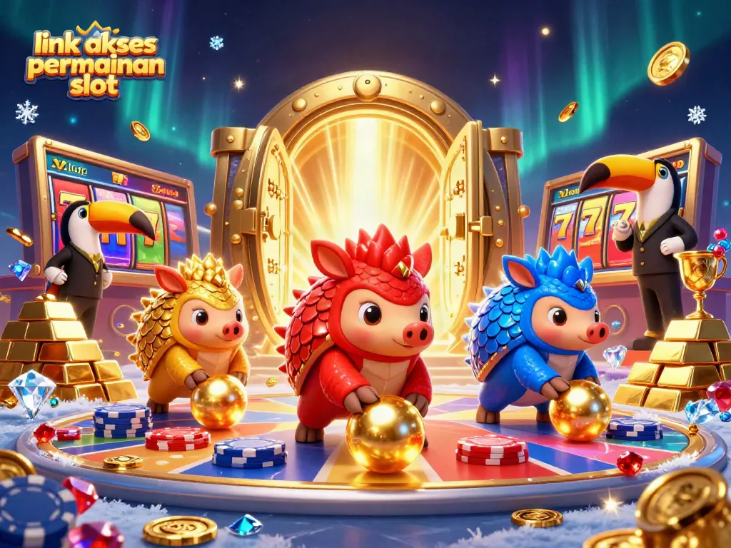 Bermain slot di "link akses permainan slot" dengan pangolin yang bersaing, tumpukan koin emas, dan efek kilauan luar biasa.