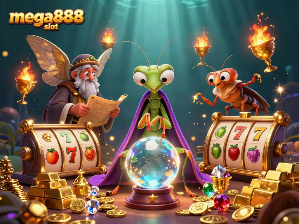 Engage with the mega888 slot universe in a vibrant 3D illustration featuring mystical characters and casino elements.
