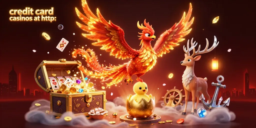 Experience the excitement of credit card casinos at http: with a vibrant phoenix scene filled with game elements.