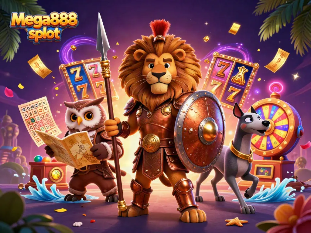 Play exciting mega888 slot games amidst a vibrant casino backdrop filled with dynamic elements.