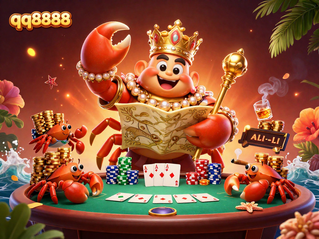 Win big at qq8888 with a vibrant casino scene featuring the golden crab emperor and poker elements.
