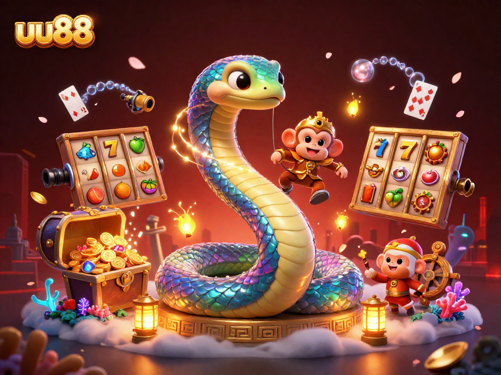 Spin to win with uu88's vibrant slot-filled casino scene featuring magical characters.
