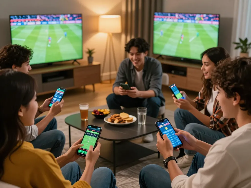 Friends engaged in sports betting on smartphones, enjoying ty le keo nha cai during a live match.
