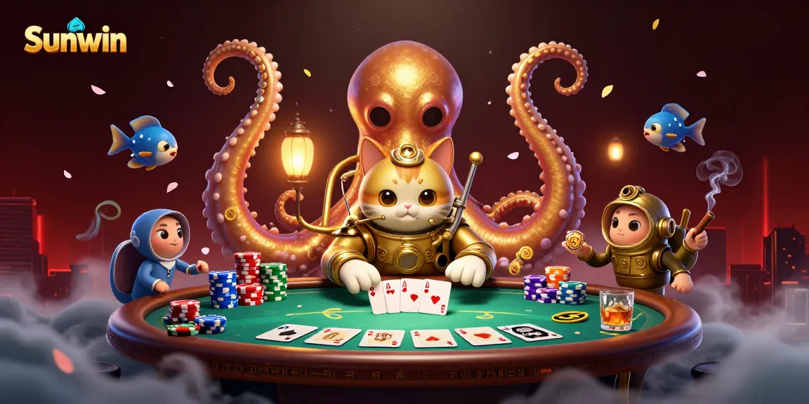 Sunwin casino scene featuring a kraken and vintage diving cat amidst a vivid poker table and colorful chips.