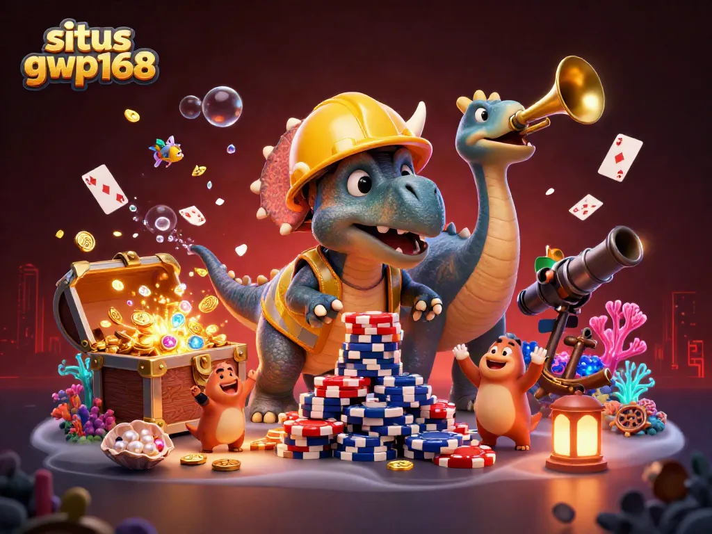 Permainan slot situs gwp168 dengan dinosaurus ceria membangun tumpukan chip poker dan harta karun menjulang.