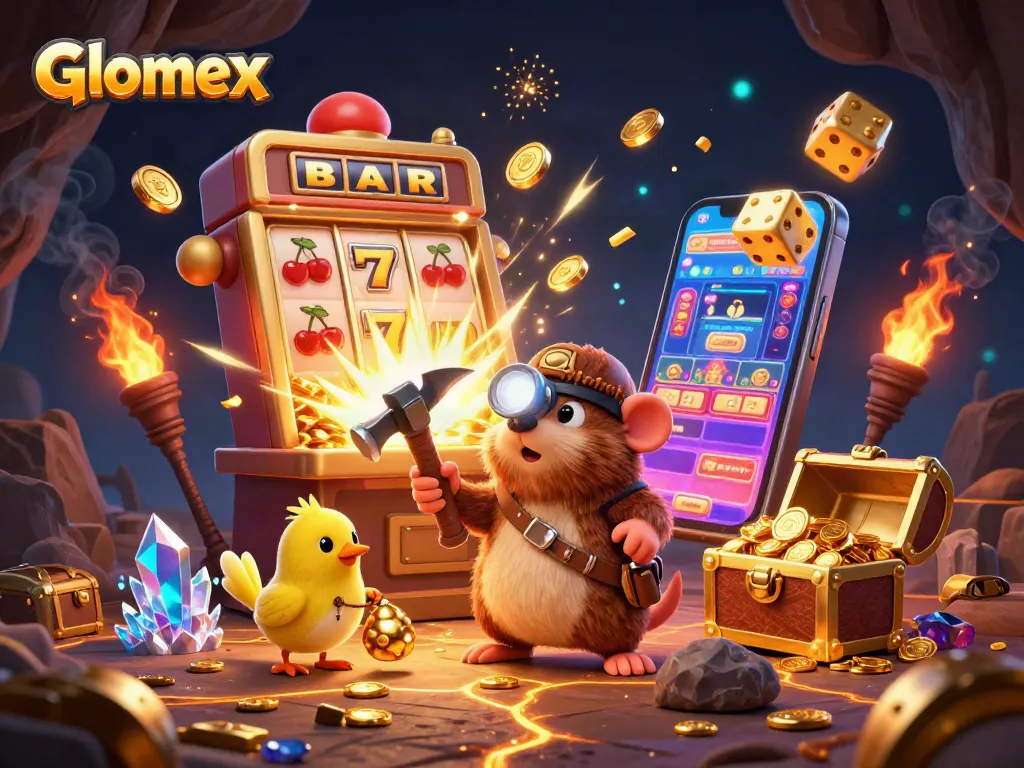 Glomex casino scene featuring a treasure hunter mole and slot machine explosion creating excitement and wealth.