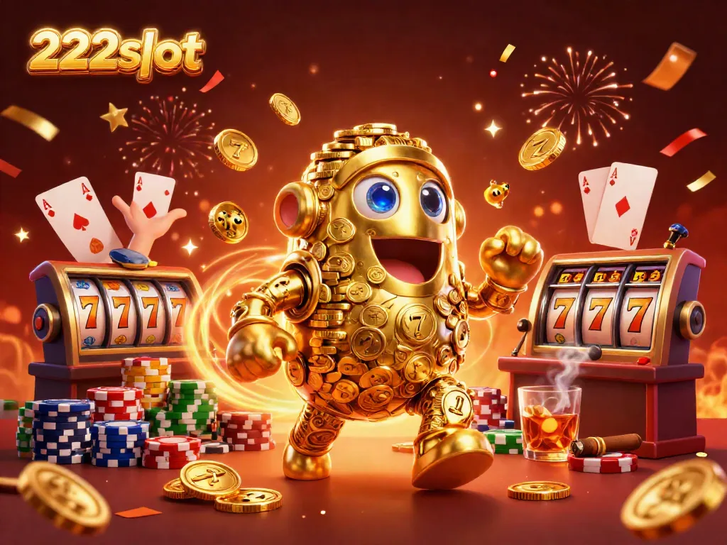 Permainan 222slot yang seru dengan golem emas dan simbol mesin slot, penuh semarak dan keseruan.