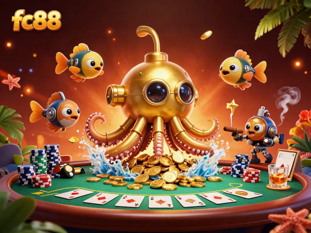 Engage with the exciting fc88 casino world featuring a dynamic golden kraken submarine amidst golden coins.