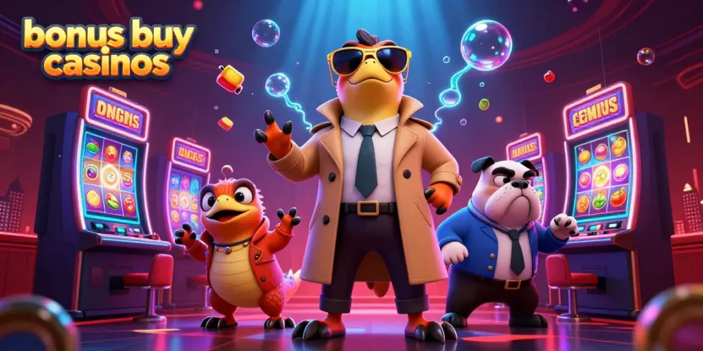 Exciting raptors in a trench coat entering VIP area at bonus buy casinos with dynamic slot machine elements.