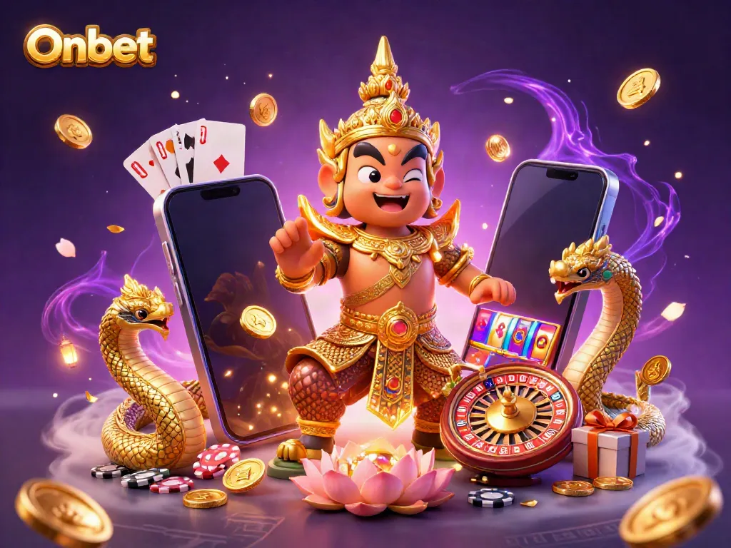 Engage with thrilling Onbet slot games in a vibrant 3D casino scene featuring dynamic characters and magical elements.