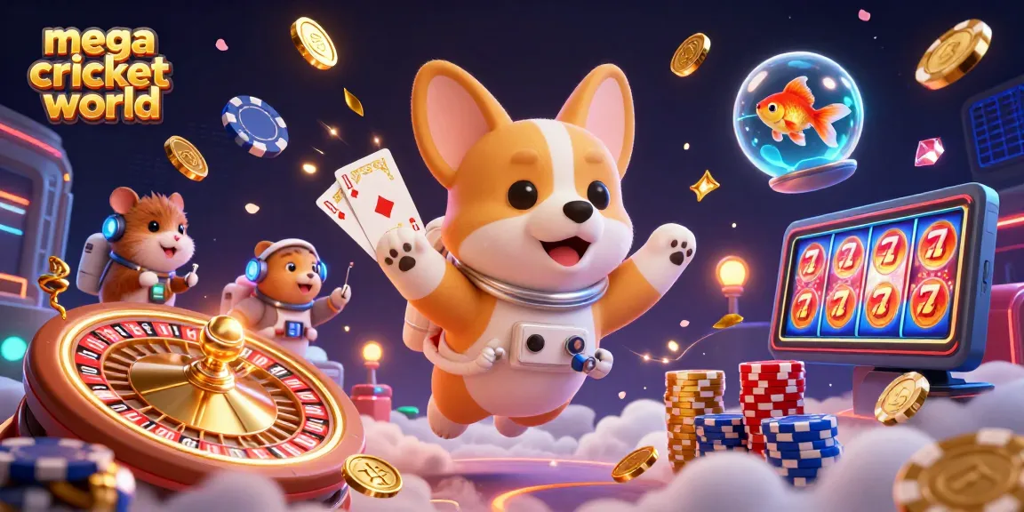 Experience mega cricket world in a dynamic casino scene with floating characters and game elements.