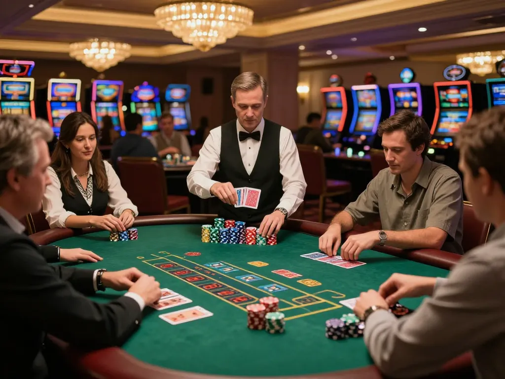 Pemain di meja blackjack di westsrestaurant, menunjukkan suasana kasino yang menarik dengan aksi yang penuh semangat.