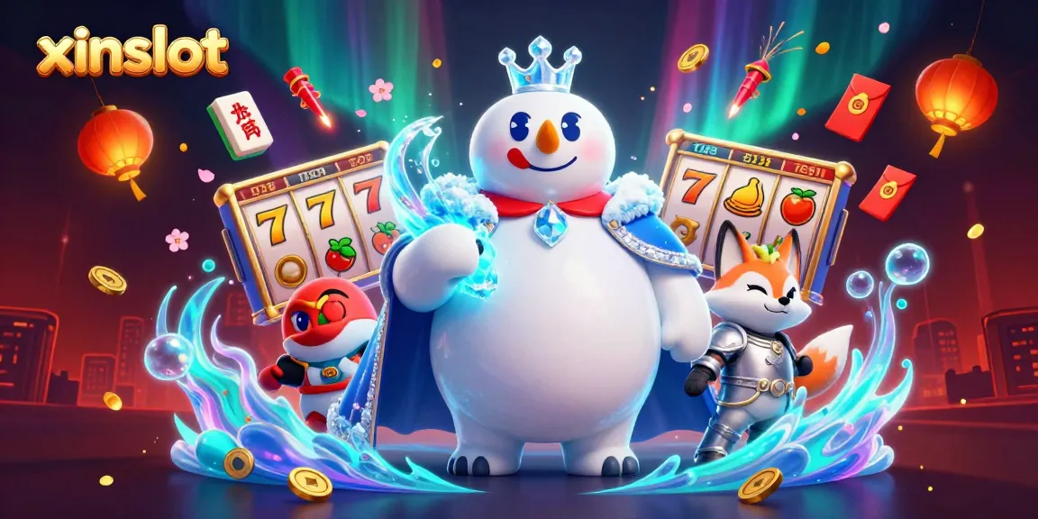 XINSLOT showcases an exciting casino scene featuring a polar bear and snow fox amidst rich gaming elements.