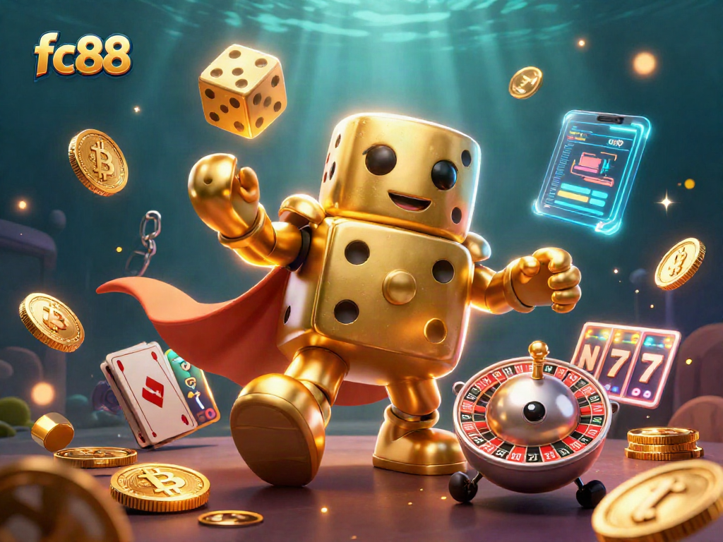 Khu vực game fc88 nổi bật với nhân vật xúc xắc vàng khổng lồ và nhiều biểu tượng game hấp dẫn xung quanh.