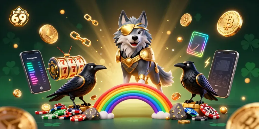 Experience the excitement of pulau 69 slot with an action-packed 3D Norse-themed casino illustration.