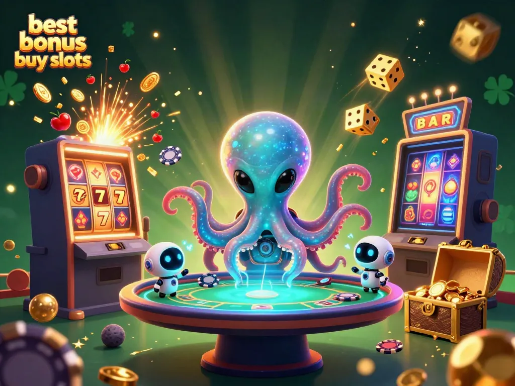 Spin colorful best bonus buy slots with a 3D cartoon octopus in a space suit at a holographic poker table.