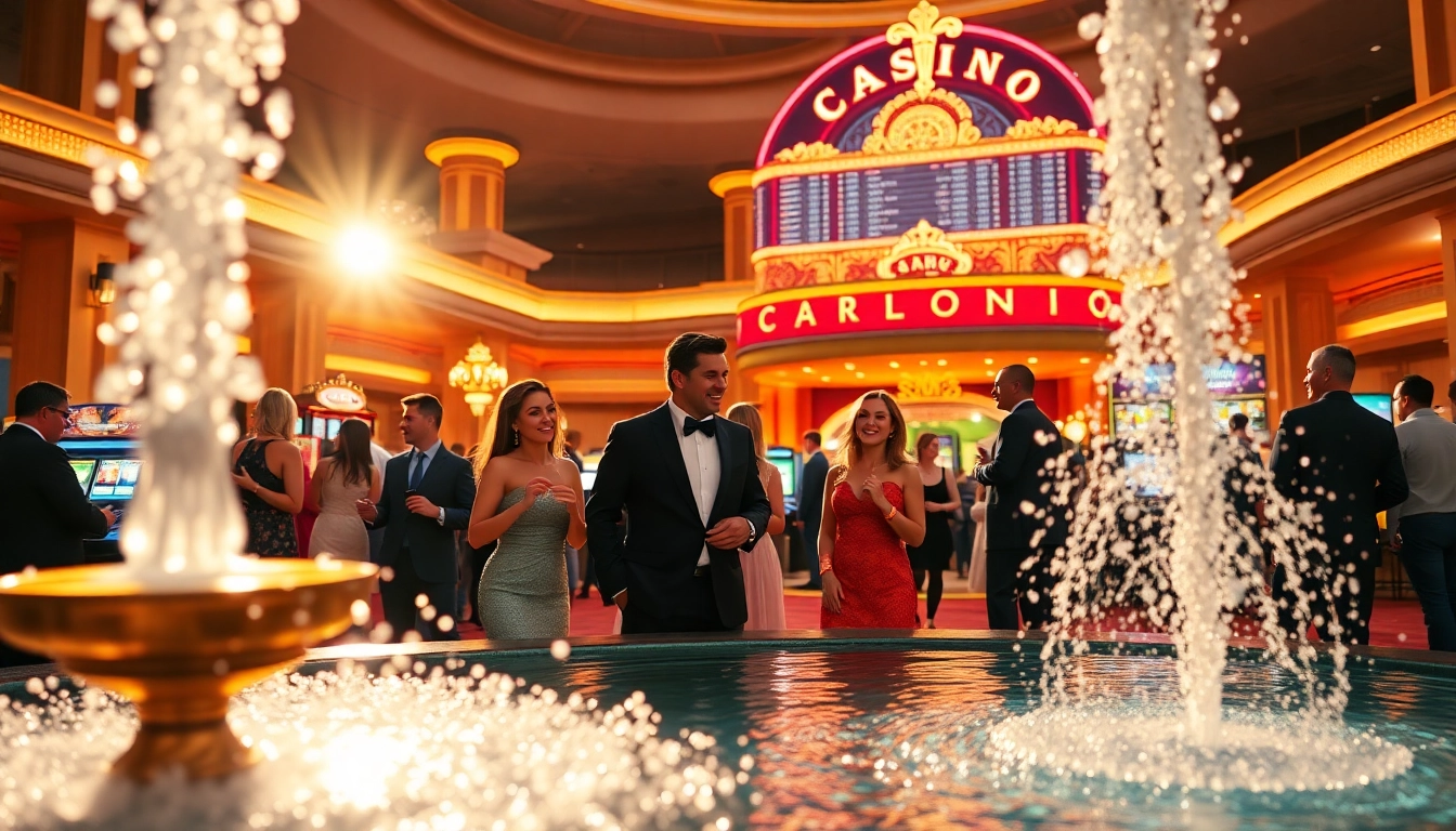 People enjoying a lively casino atmosphere at 18vip娛樂 with sparkling fountains and vibrant lights.