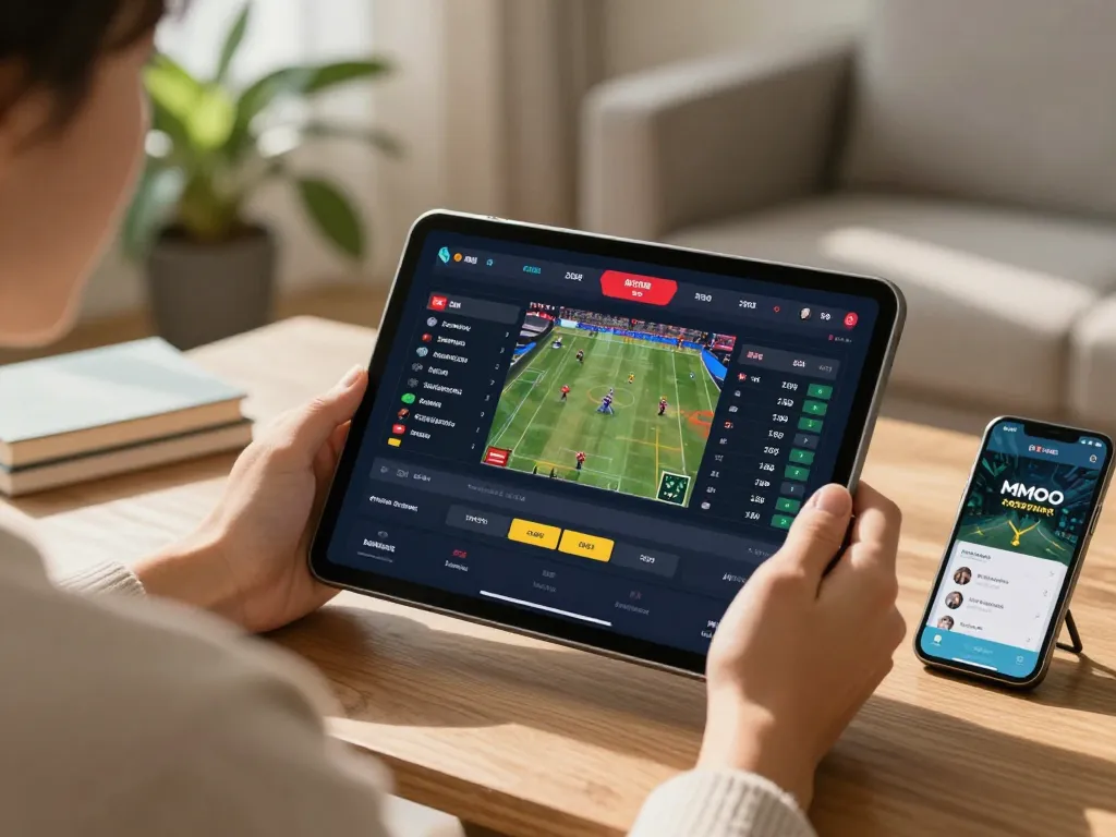 Placing bets on the MMOO sports betting app from home, showcasing live match updates