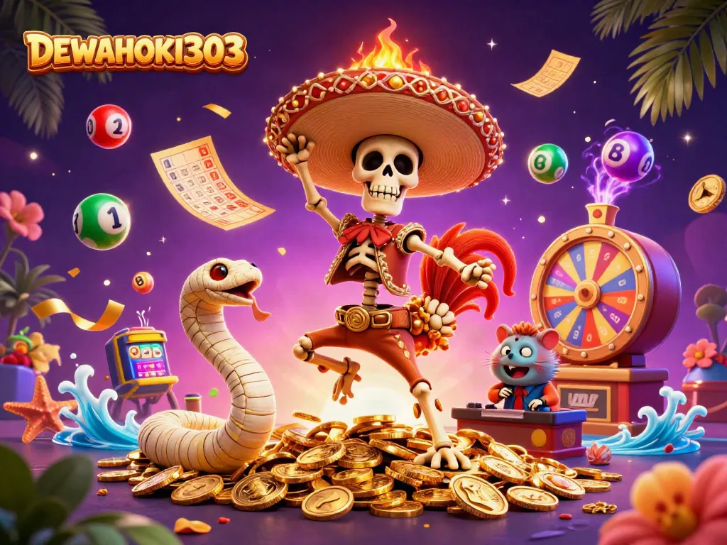 DEWAHOKI303 merayakan jackpot dengan karakter kartun serta bola lotere berwarna-warni di latar belakang yang megah.